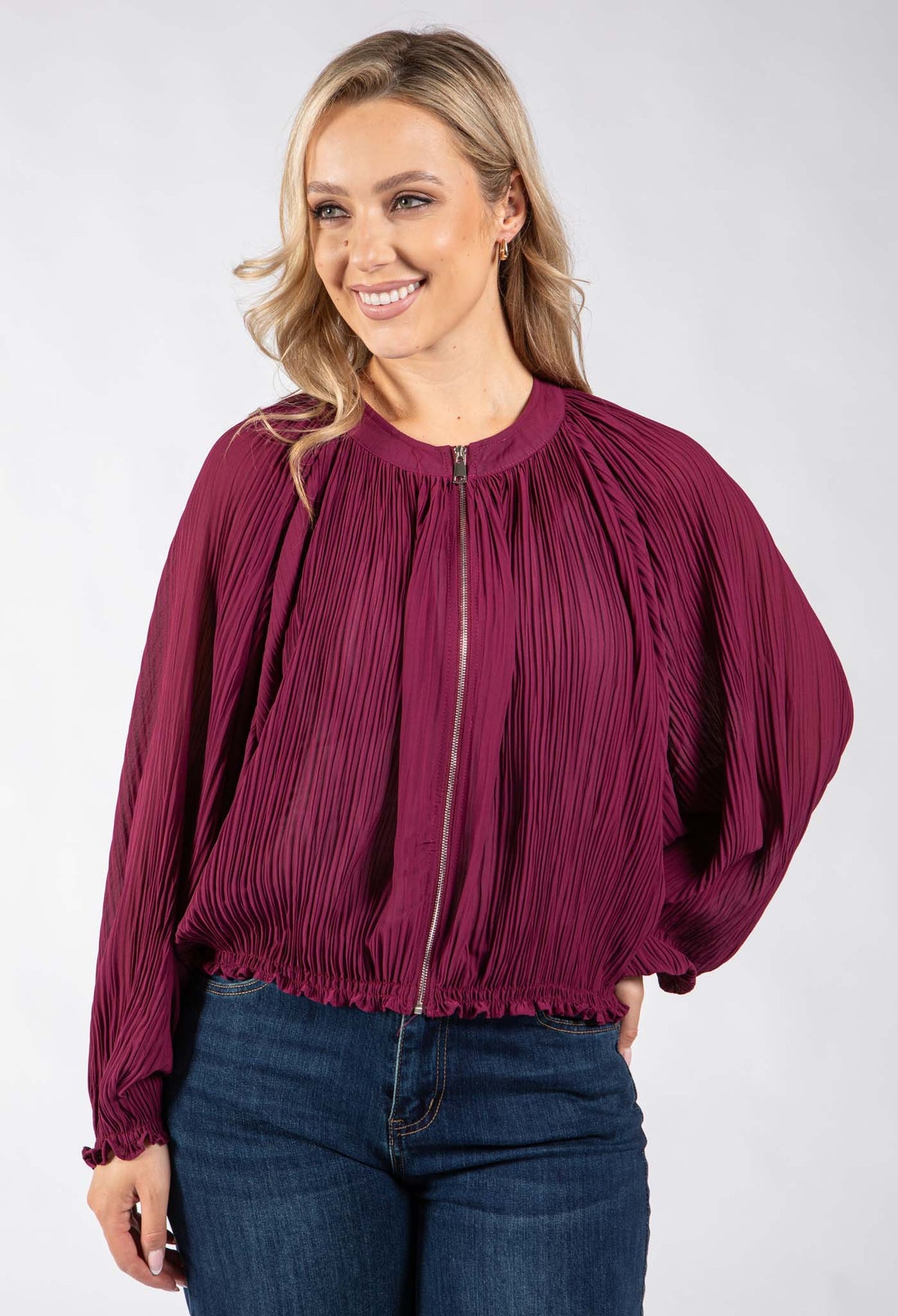 Plisse Pleated Bomber Jacket
