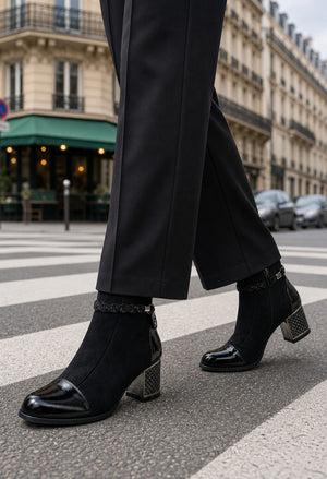 Black ankle boots with a glossy patent leather toe cap and a textured metallic block heel, worn with black trousers on a Parisian street crosswalk.