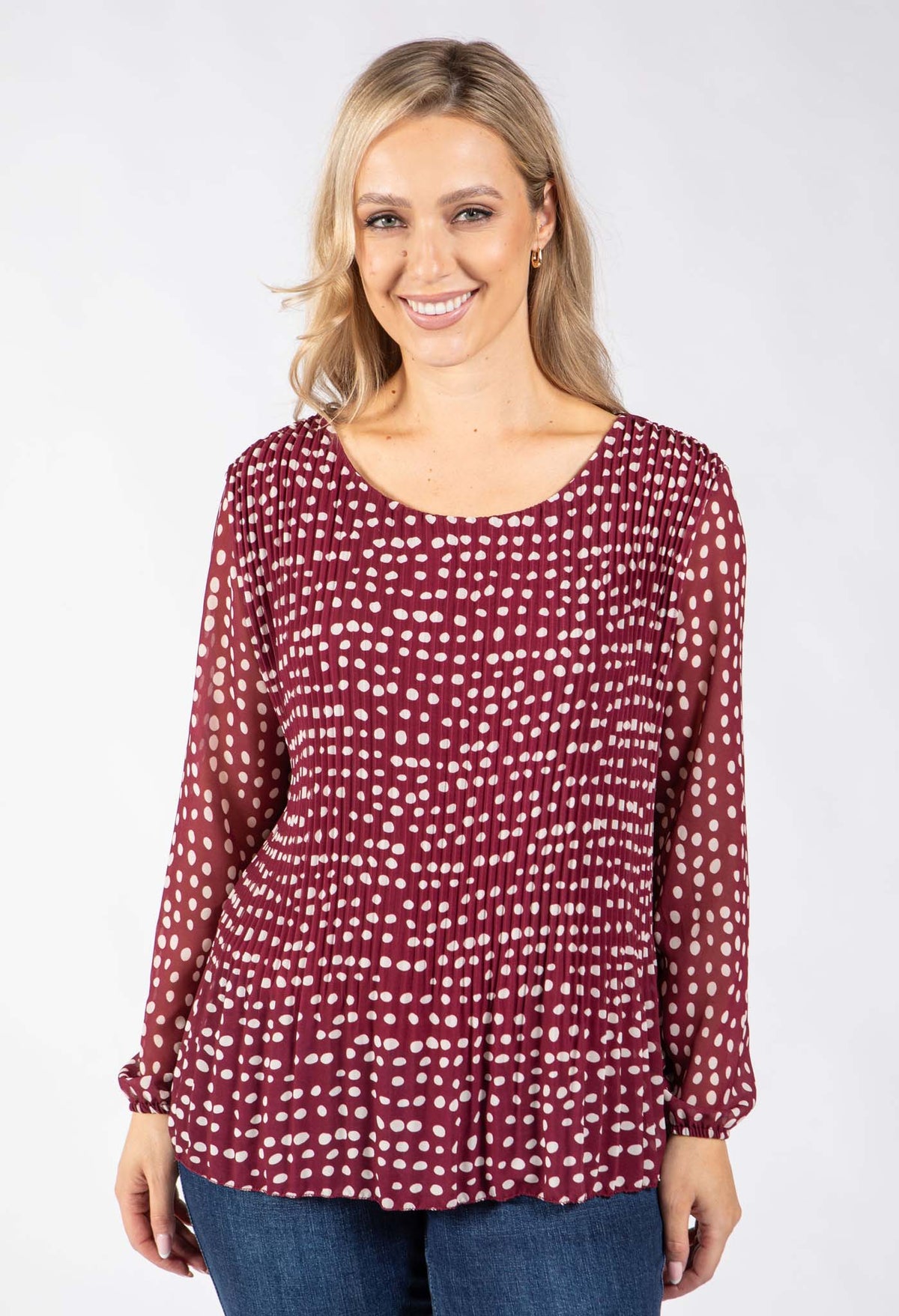 Plisse Pleated Polka Dot Blouse