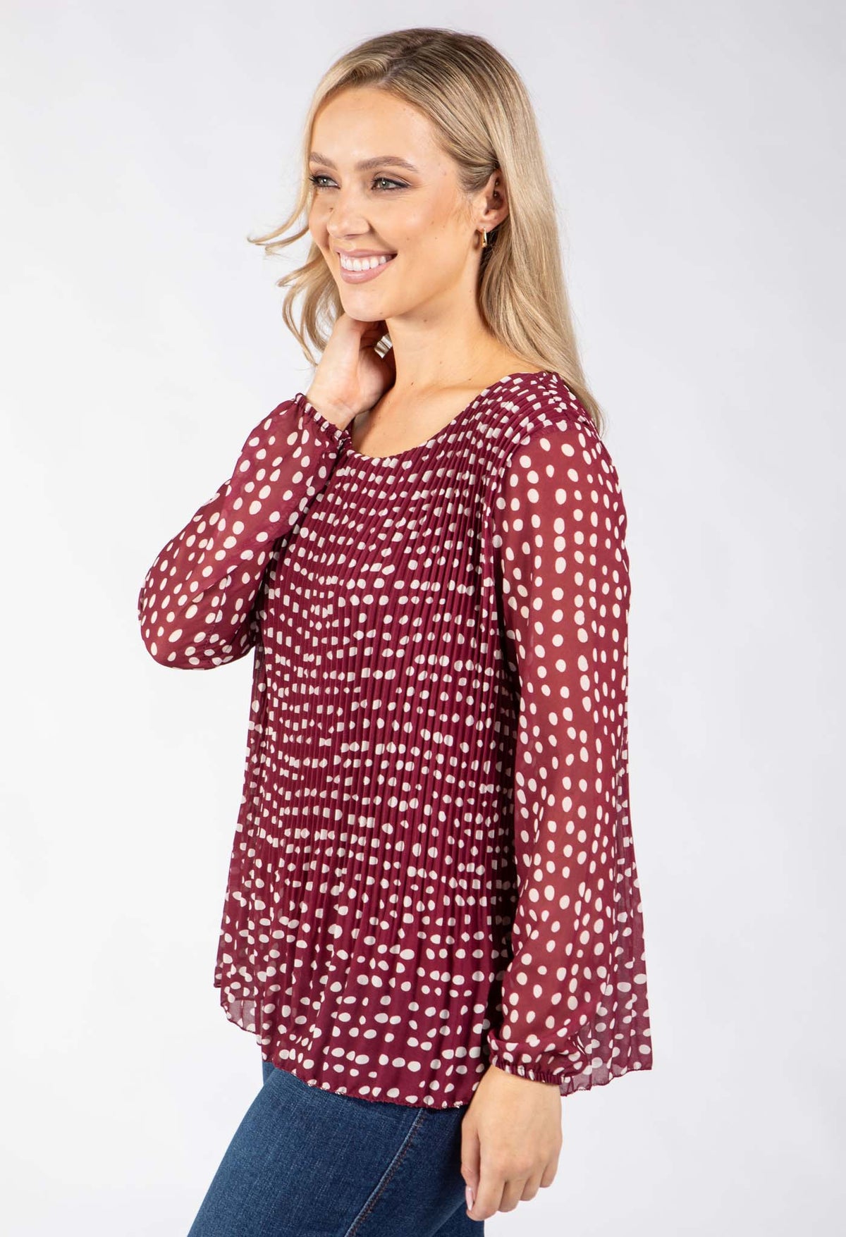 Plisse Pleated Polka Dot Blouse