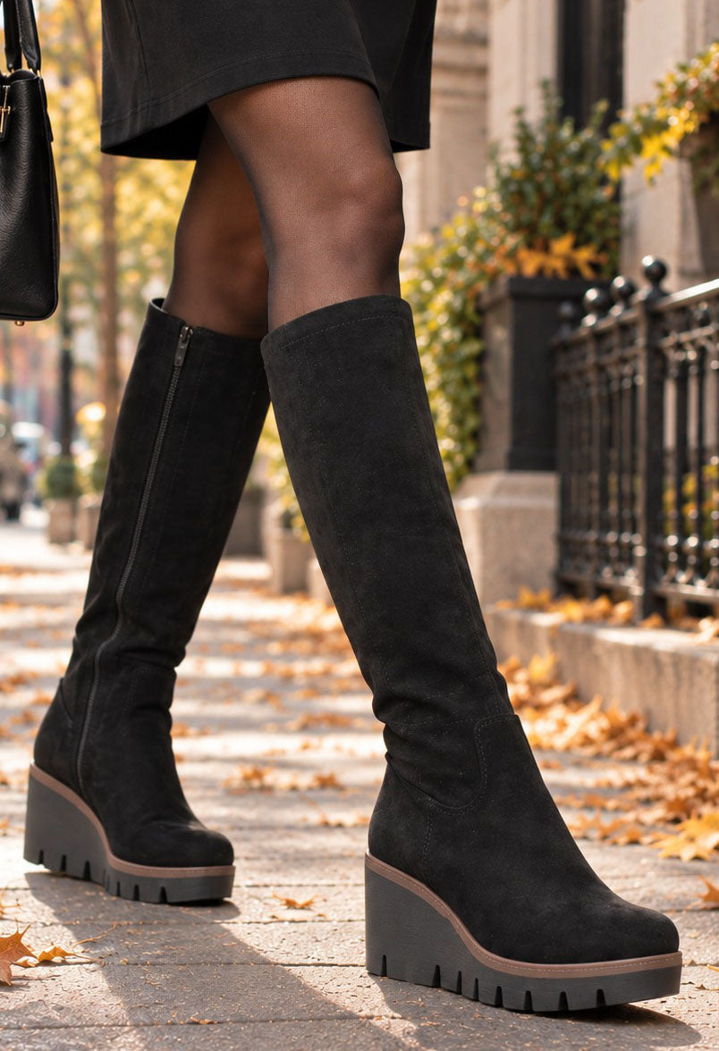 A person wearing knee-high black suede platform boots with chunky lug soles, photographed outdoors on a city sidewalk with fallen leaves and a building in the background.