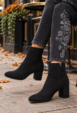black faux suede ankle boots with block heel