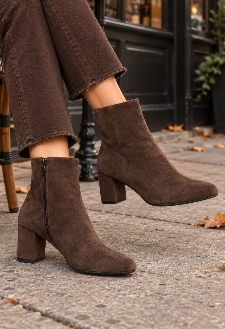 brown faux suede ankle boots with block heel
