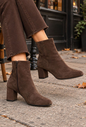 brown faux suede ankle boots with block heel