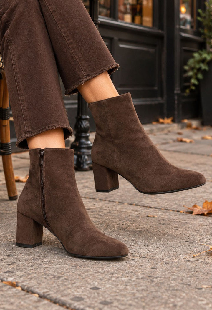 brown faux suede ankle boots with block heel