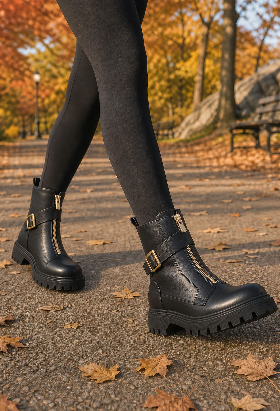 Black leather ankle boots with side buckle straps and gold-tone zippers, worn with black leggings on a paved path in an autumn park.