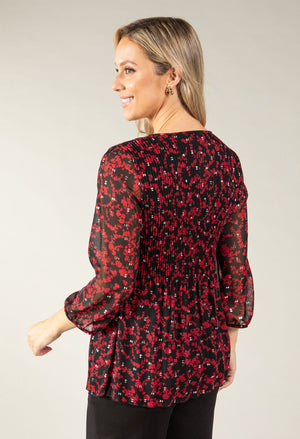 Plisse Pleated Floral Print Blouse