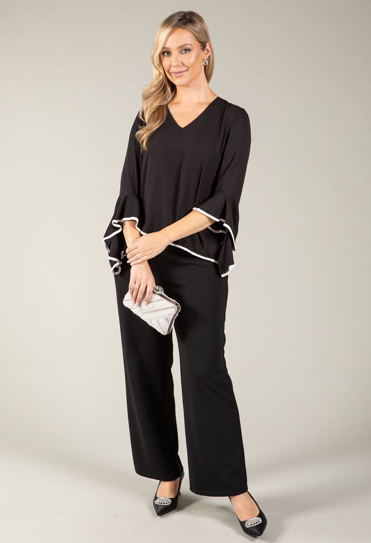 Contrast Trim Flared Sleeve Top, view 5 – Pamela Scott