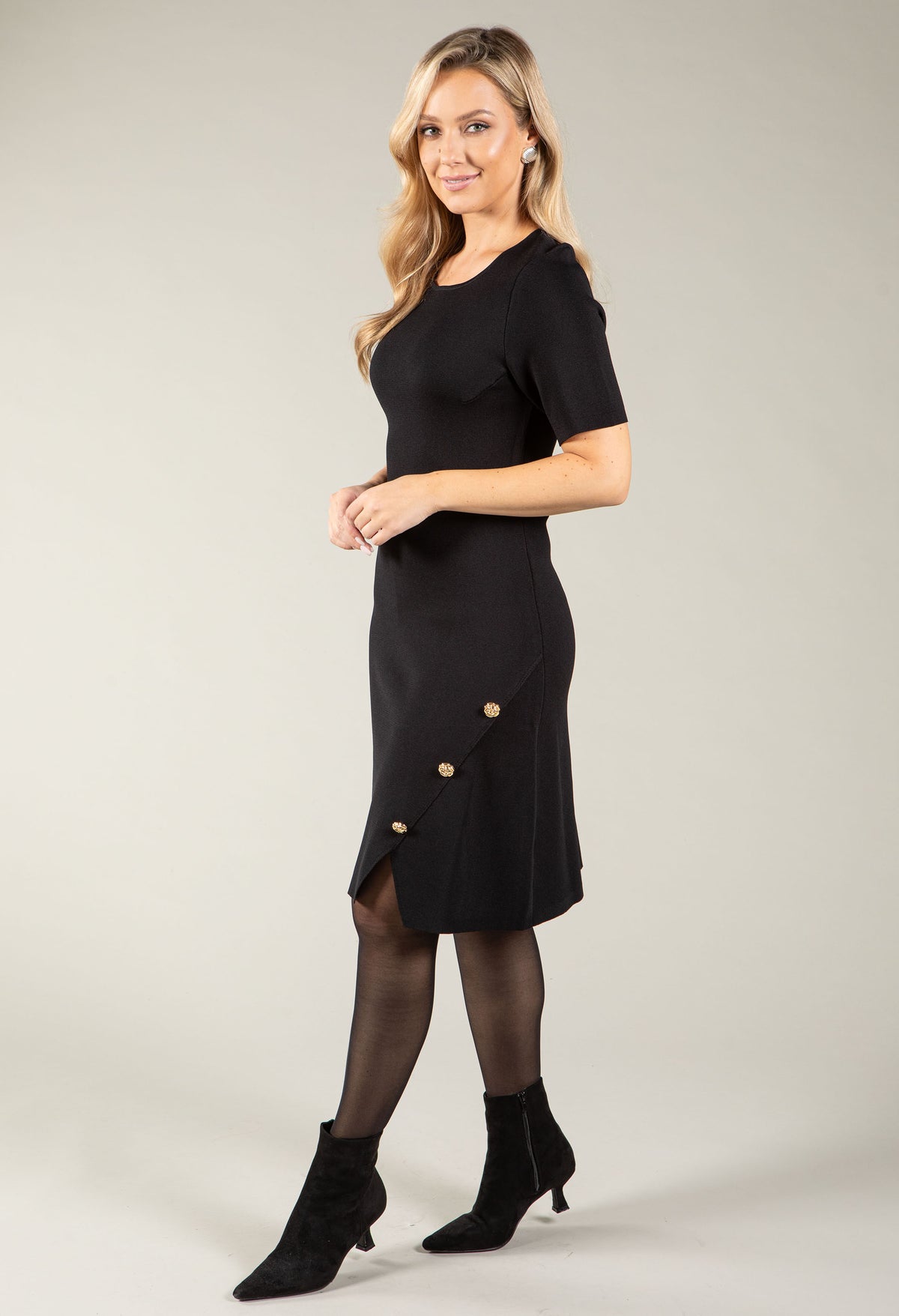 Fine Knit Dress With Floral Side Buttons