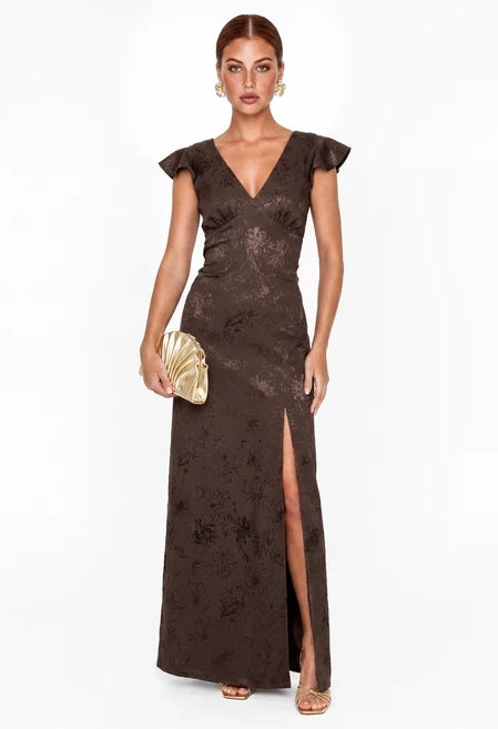 Floral Jacquard Tie-Back Satin Maxi Dress