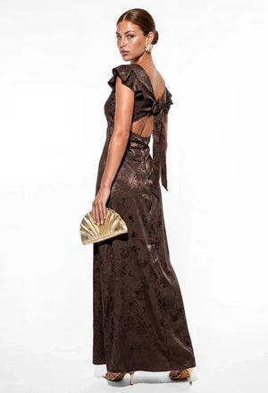 Floral Jacquard Tie-Back Satin Maxi Dress