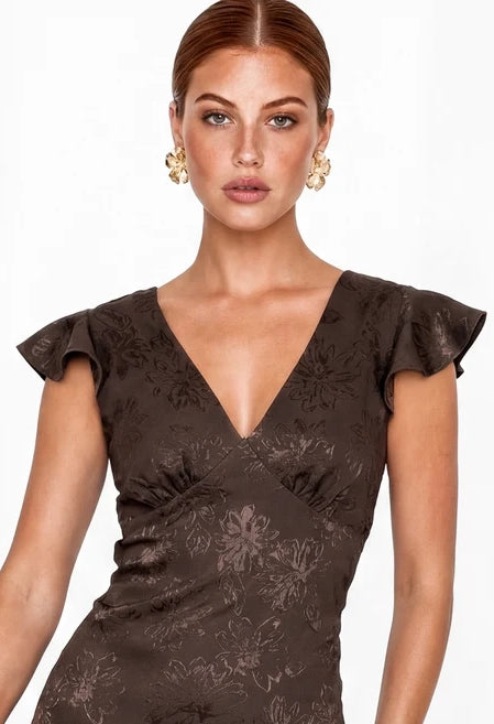 Floral Jacquard Tie-Back Satin Maxi Dress