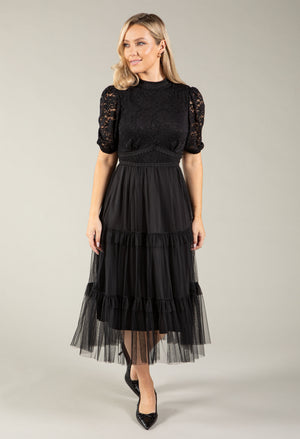 Lace Organza Puff Sleeve Midi Dress