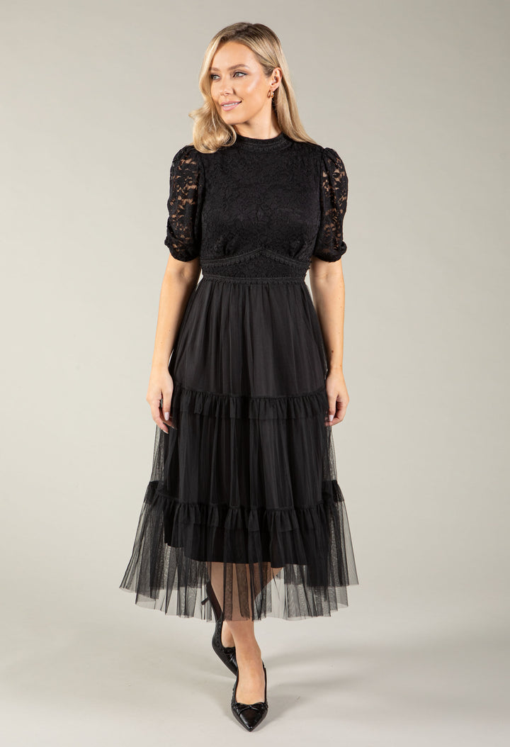 Lace Organza Puff Sleeve Midi Dress, view 2 – Pamela Scott