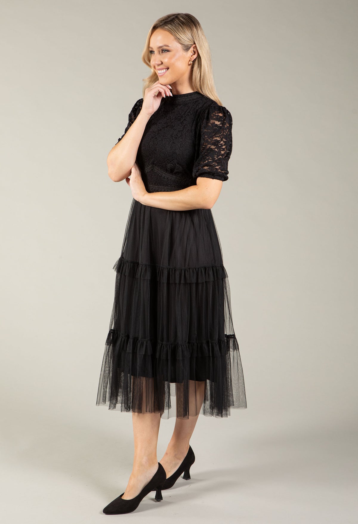 Lace Organza Puff Sleeve Midi Dress