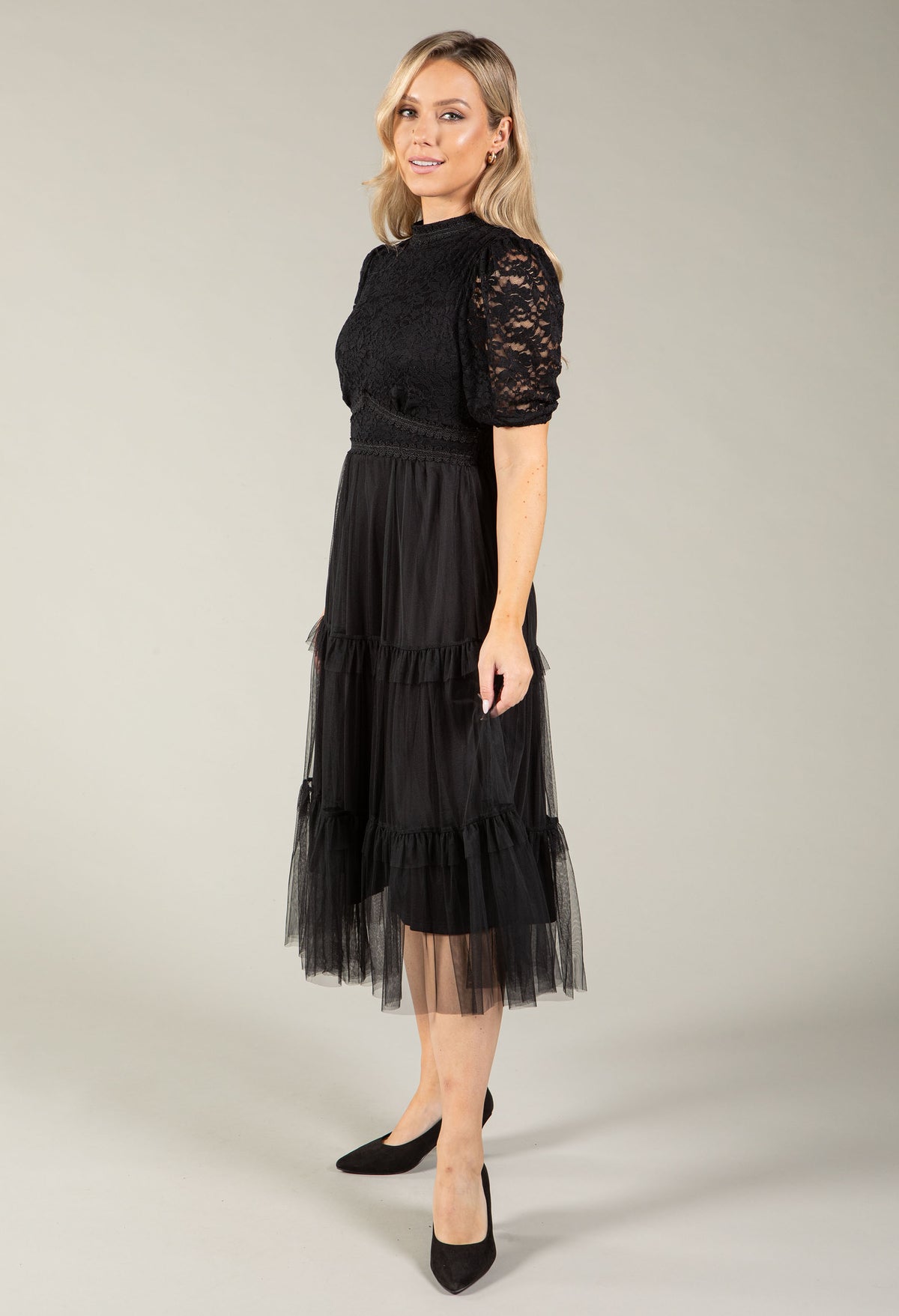 Lace Organza Puff Sleeve Midi Dress