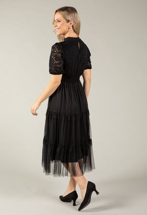 Lace Organza Puff Sleeve Midi Dress