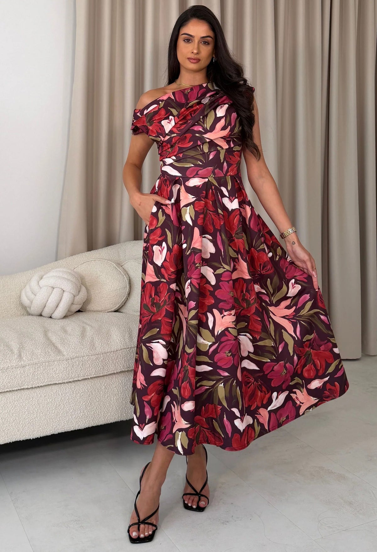Betty Asymmetric Neckline Large Floral Skater Midi Dress
