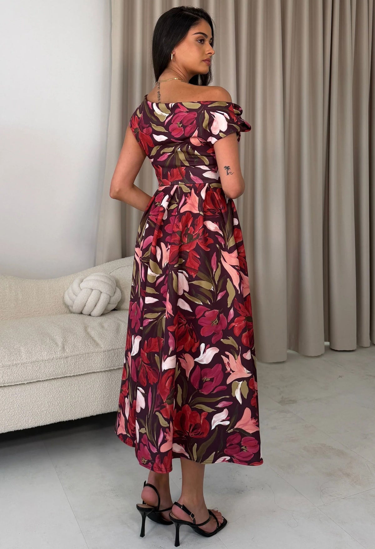 Betty Asymmetric Neckline Large Floral Skater Midi Dress