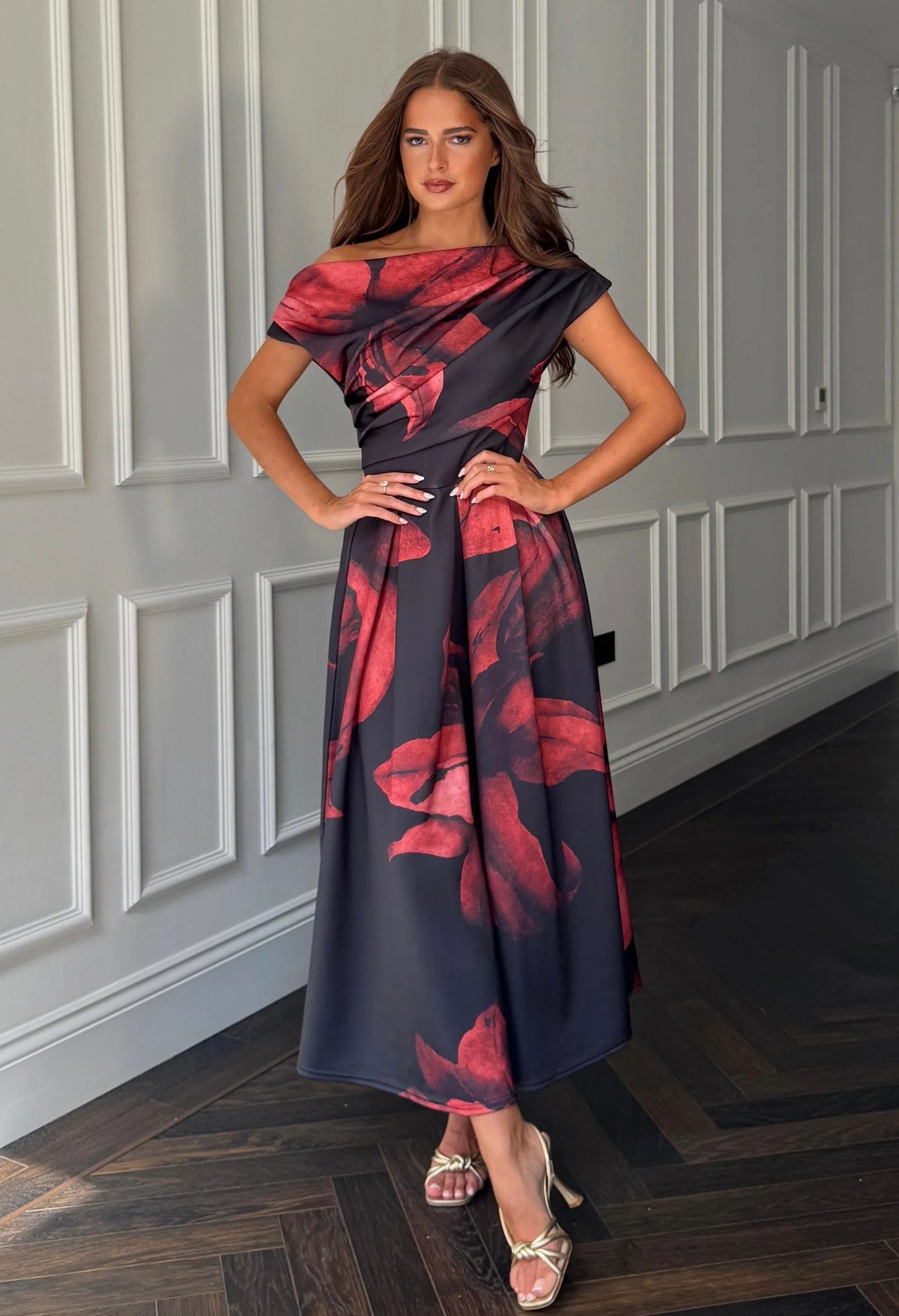 Betty Asymmetric Neckline Skater Midi Dress