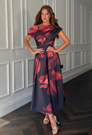Betty Asymmetric Neckline Skater Midi Dress