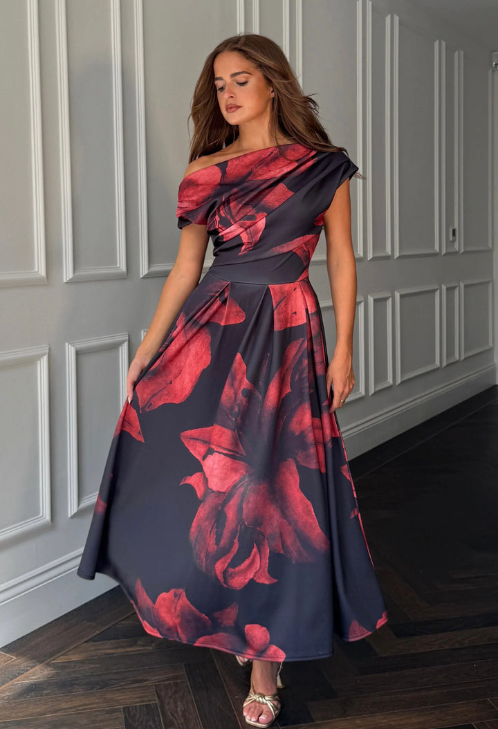 Betty Asymmetric Neckline Skater Midi Dress