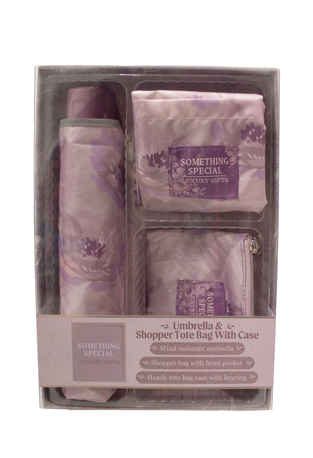 Something Special Country Gifs Umbrella and Shopper Tote Bag With Case gift set in clear plastic packaging, featuring lavender and white floral prints.