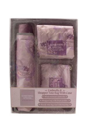 Something Special Country Gifs Umbrella and Shopper Tote Bag With Case gift set in clear plastic packaging, featuring lavender and white floral prints.