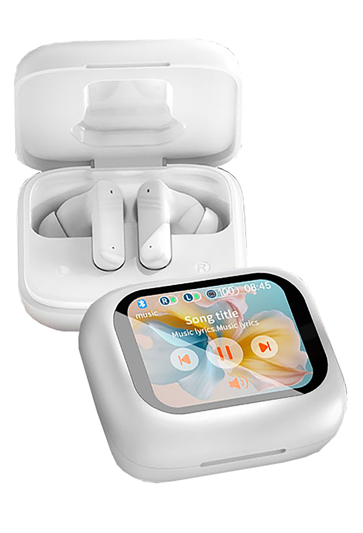 A pair of white wireless earbuds in an open charging case, with a matching white rectangular device in front displaying a colorful music player screen.
