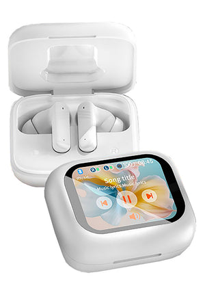 A pair of white wireless earbuds in an open charging case, with a matching white rectangular device in front displaying a colorful music player screen.