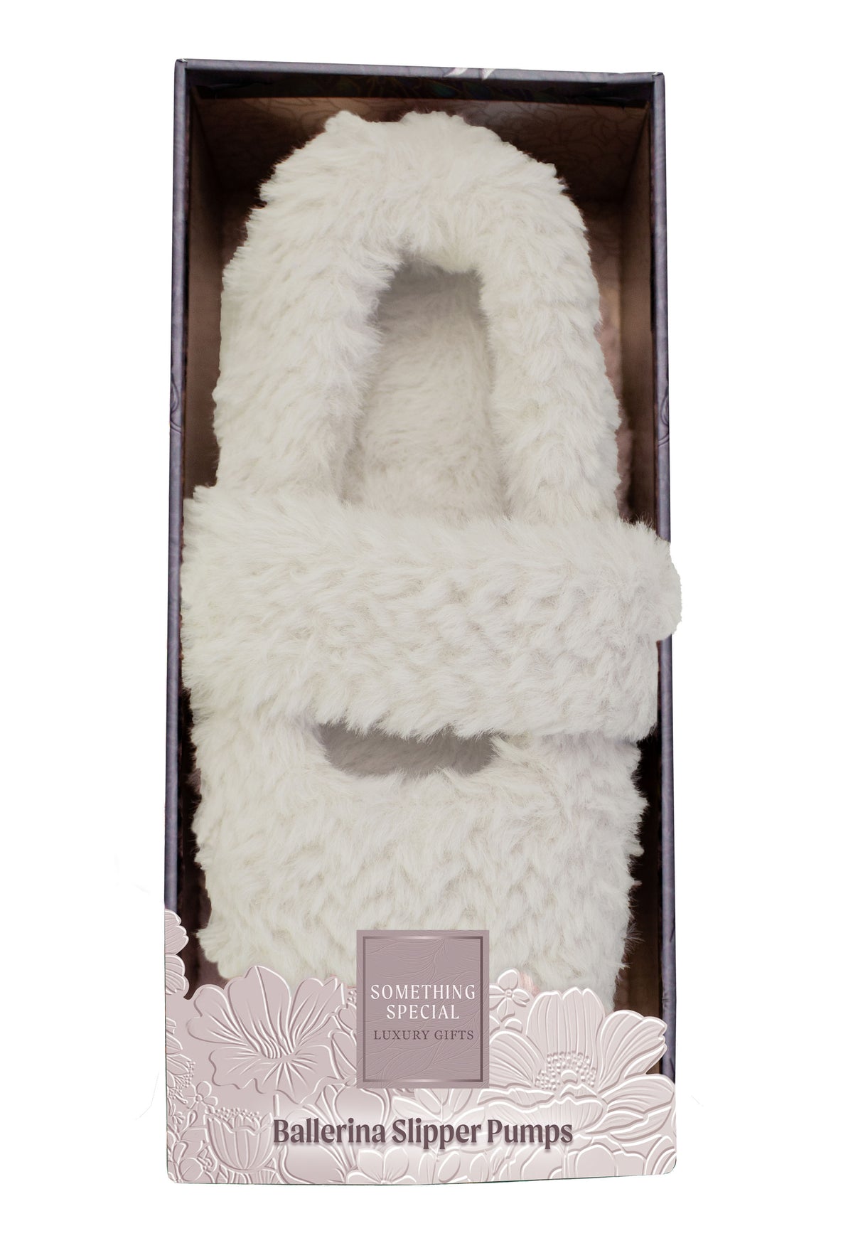 A pair of fluffy white ballerina slipper pumps in their original retail packaging, featuring a dark box with a floral-patterned lower section and a small label that reads 'Something Special' and 'Ballerina Slipper Pumps'.