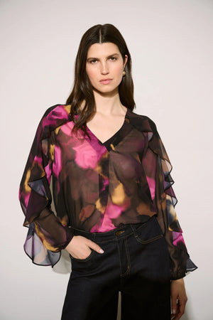 Floral Chiffon V-Neck Ruffle Top