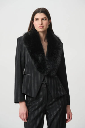 Faux-Fur Collar Striped Blazer