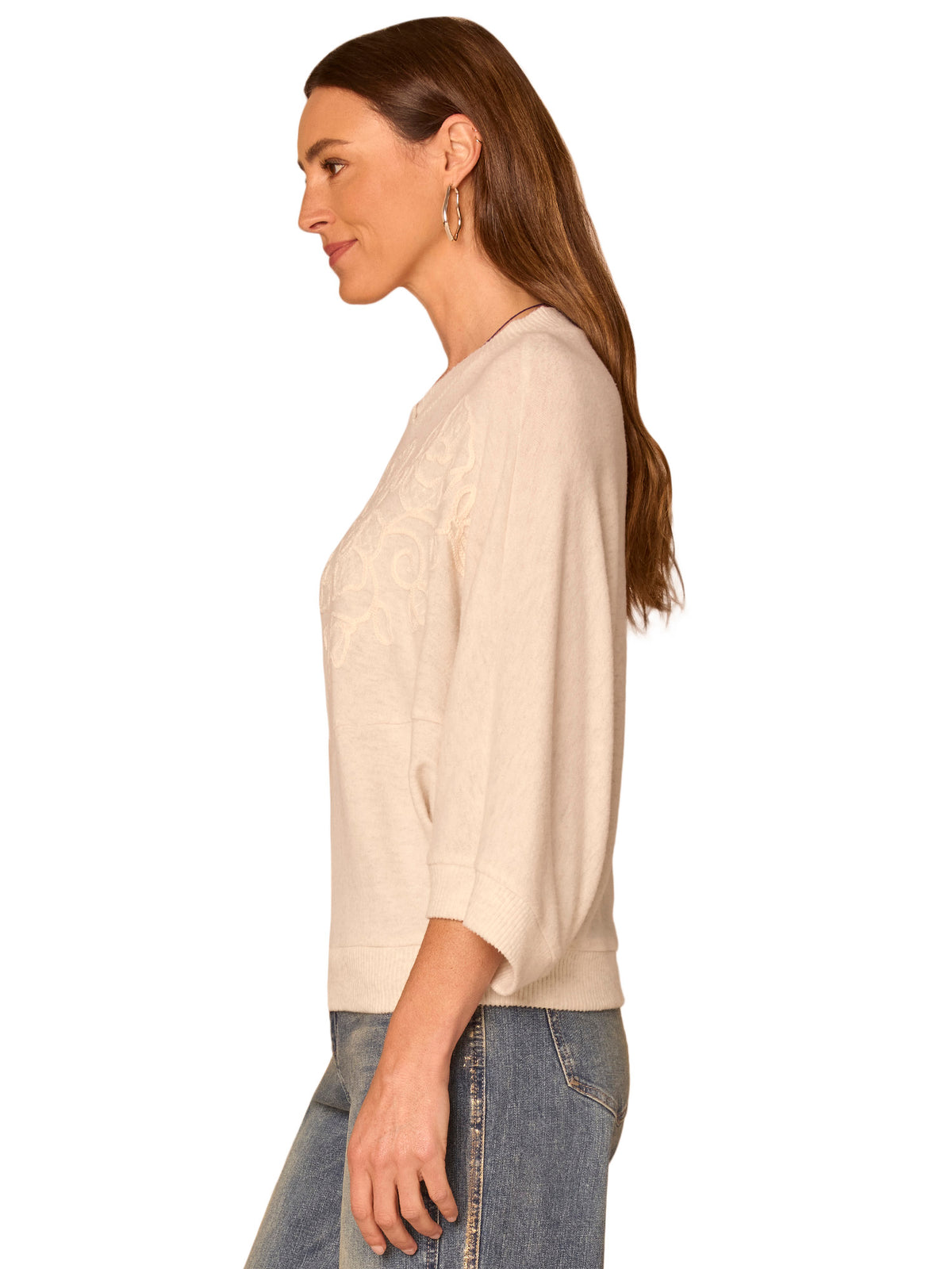 Three Quarter Dolman Sleeve Embroidered Knit Top