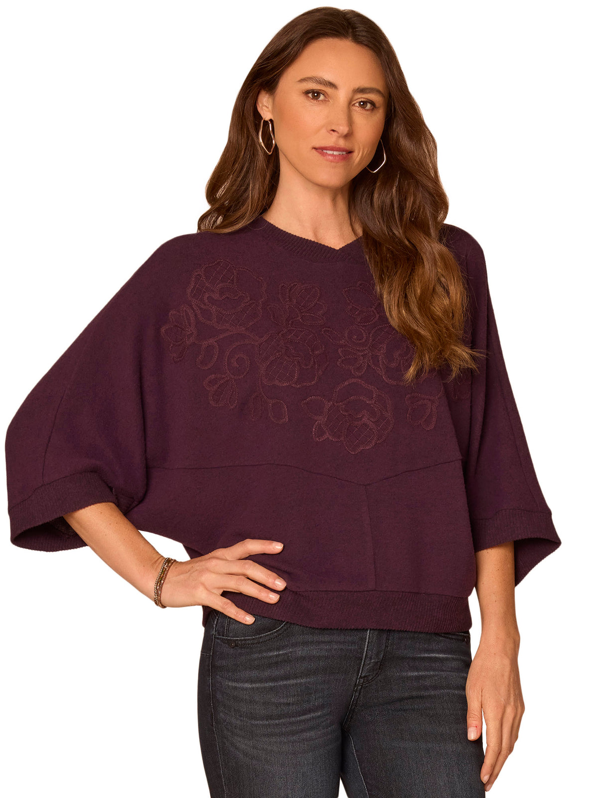 Three Quarter Dolman Sleeve Embroidered Knit Top