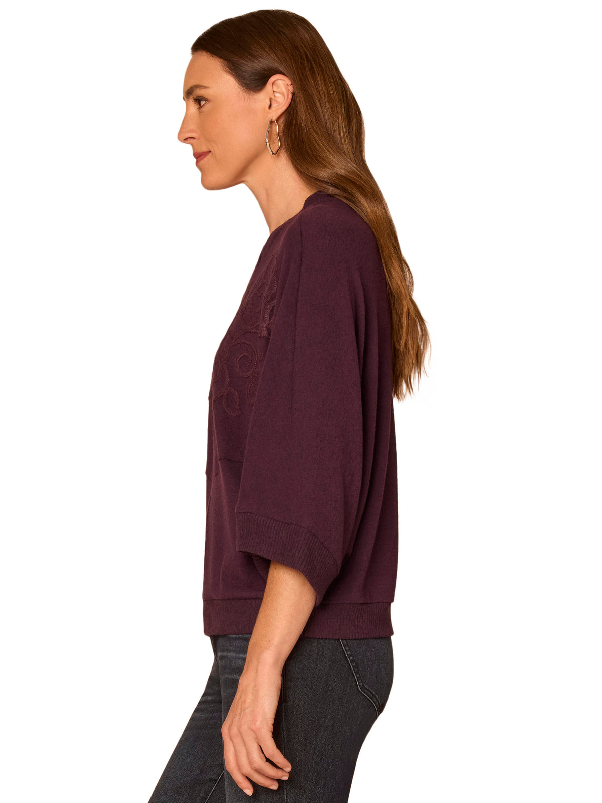 Three Quarter Dolman Sleeve Embroidered Knit Top