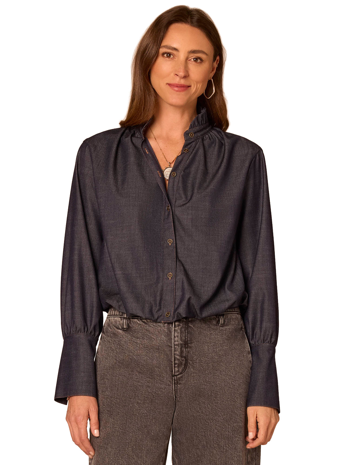 Bubble Hem Woven Button Up Shirt