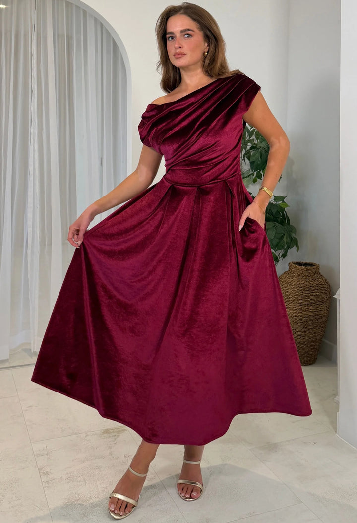 Betty Asymmetric Velvet Midi Dress – Pamela Scott