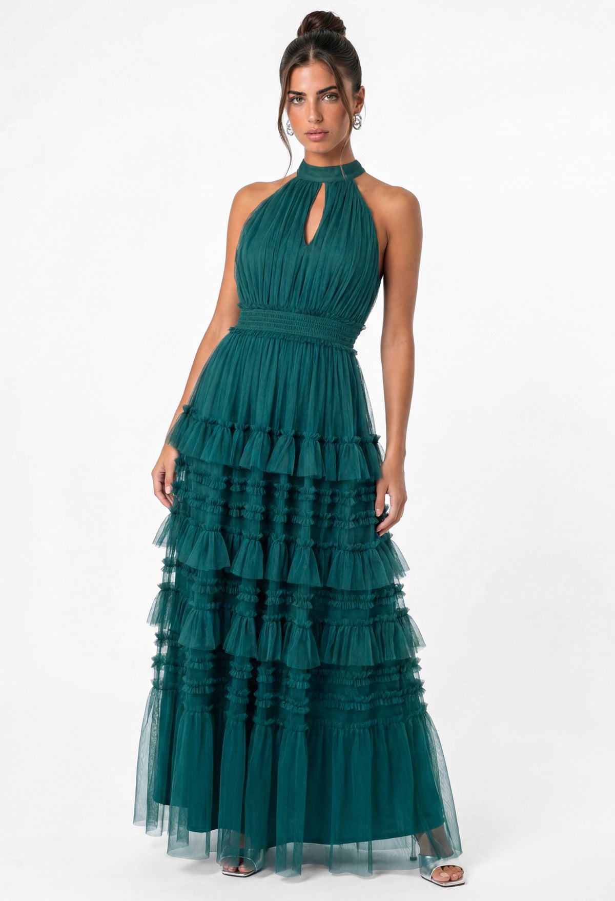 Halter Neck Tiered Tulle Maxi Dress