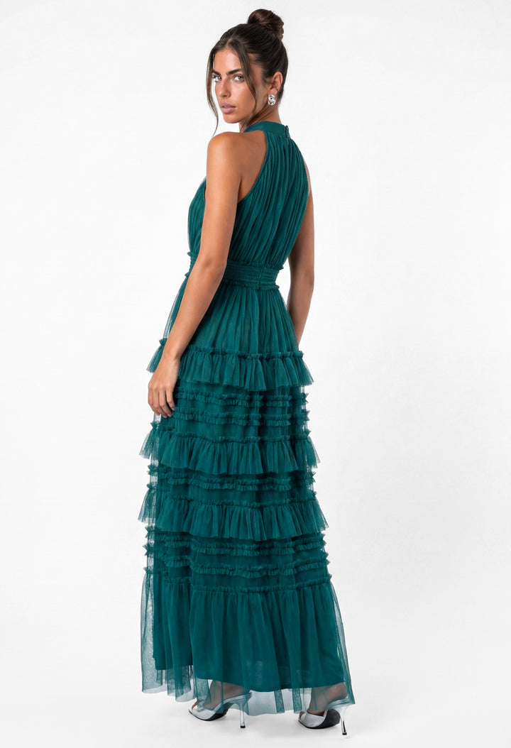 Halter Neck Tiered Tulle Maxi Dress