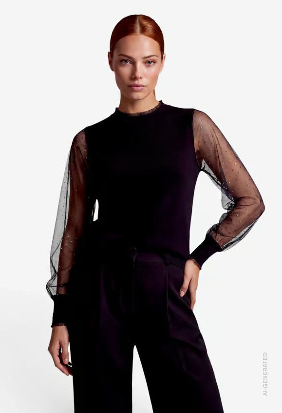 Fine Knit Sweater With Sheer Sleeves
