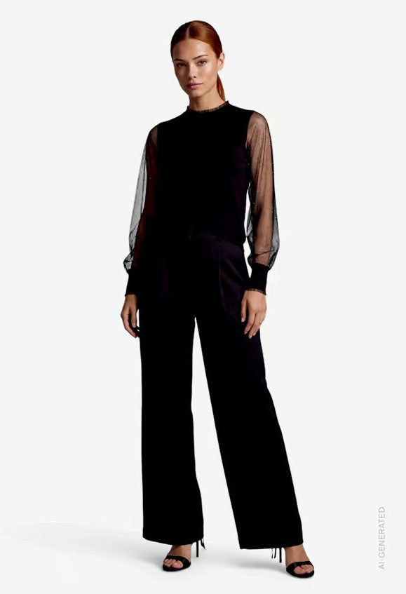 Fine Knit Sweater With Sheer Sleeves