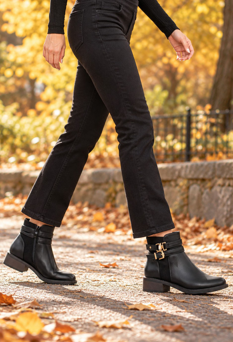 black ankle boot with 2 gold buckles