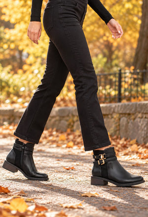 black ankle boot with 2 gold buckles