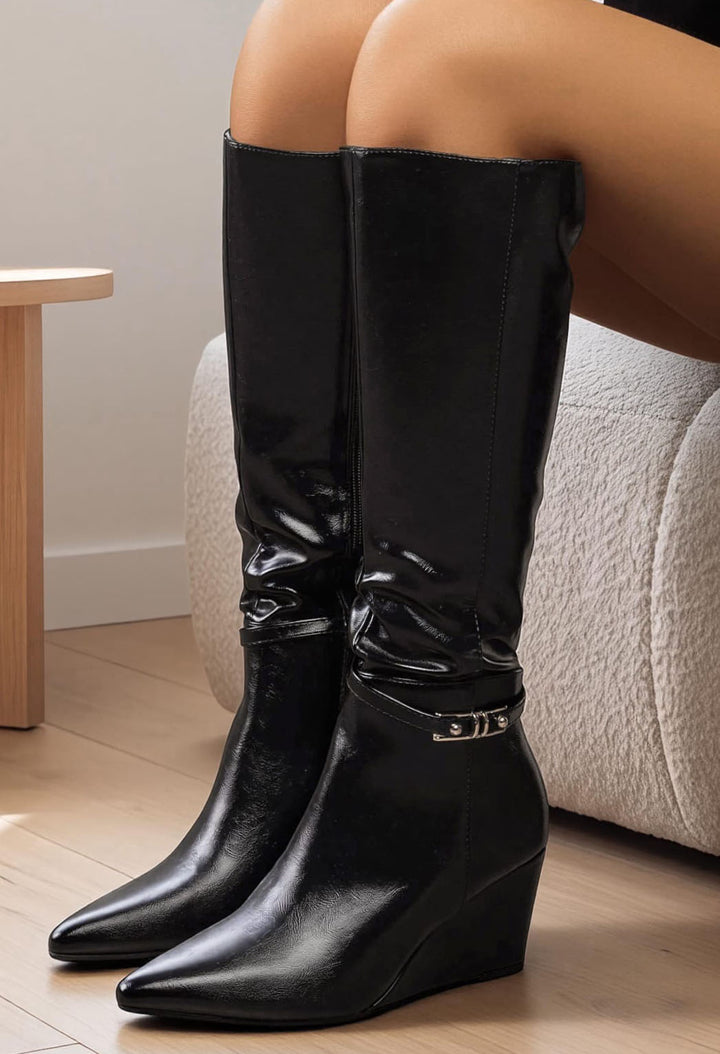 black wedge knee high boot
