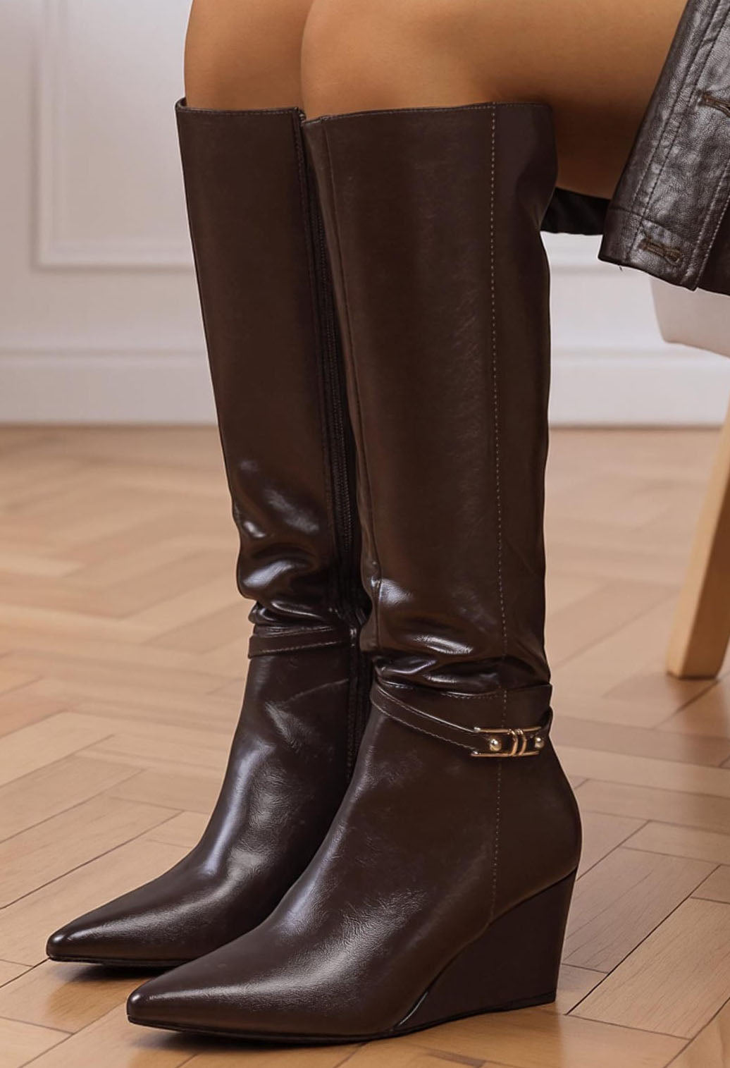 brown wedge knee high boot