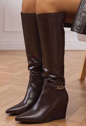 brown wedge knee high boot
