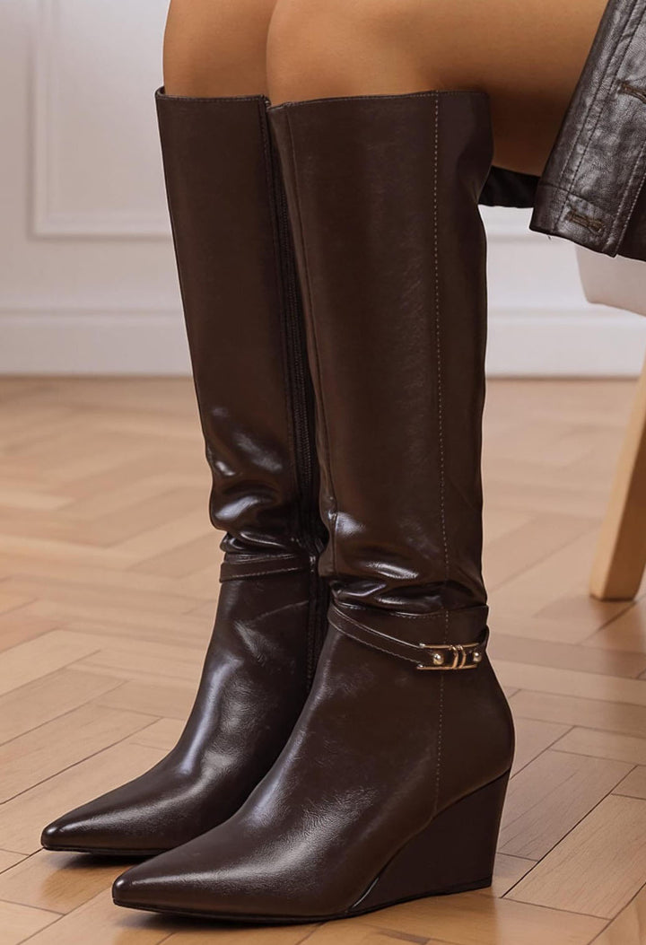brown wedge knee high boot