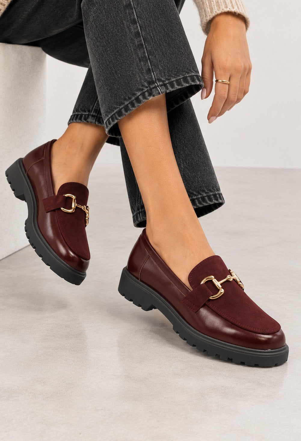 wine loafer with gold buckle