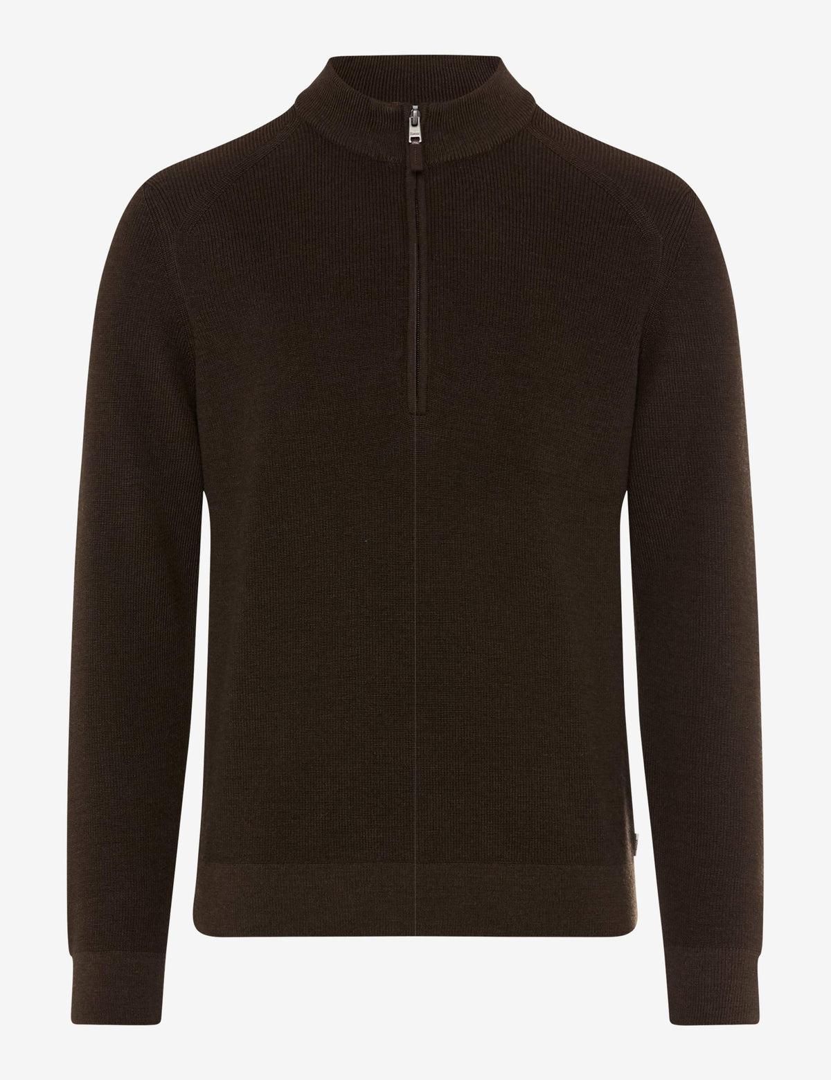 A dark brown ribbed knit quarter-zip sweater with a mock neck collar.